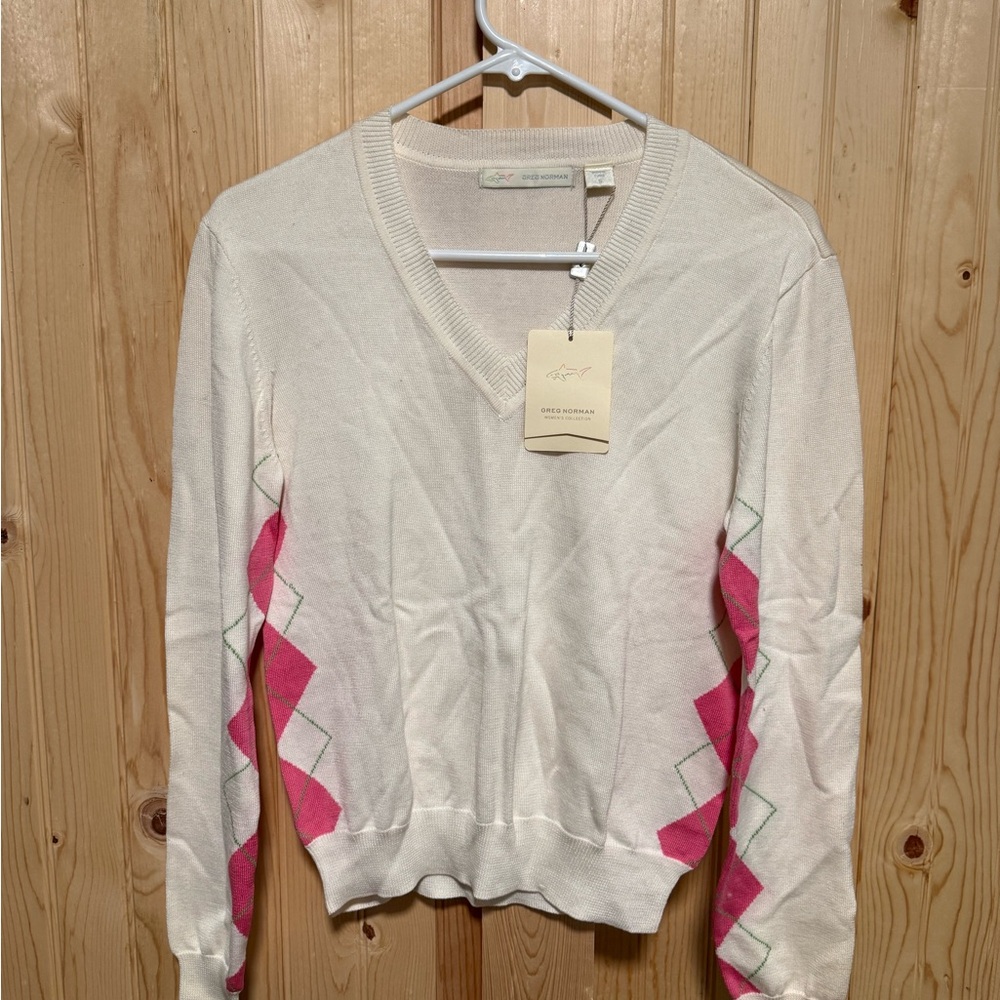Greg Norman Collection Cream and Pink V-Neck Sweater